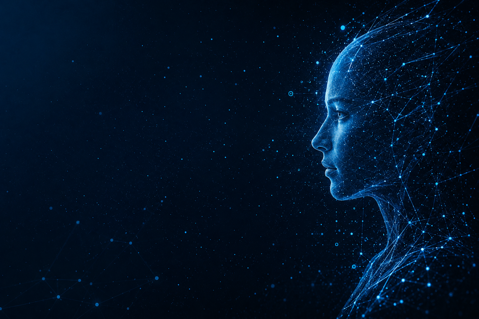 Volto digitale composto da nodi e connessioni luminose blu